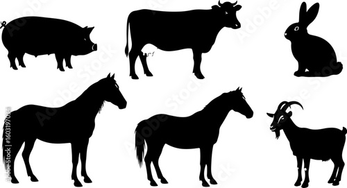 Vector art of collection of farm animal silhouettes including pig cow horse goat rabbit