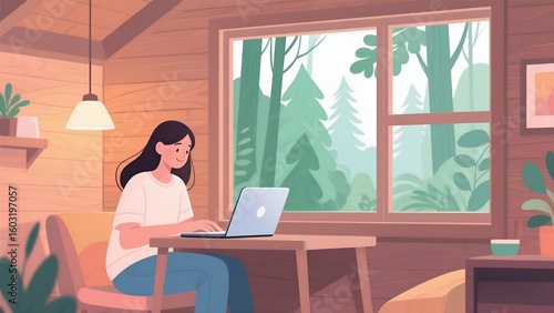 Freelancer Woman Working Remotely in Forest Cabin – Modern Minimal Art