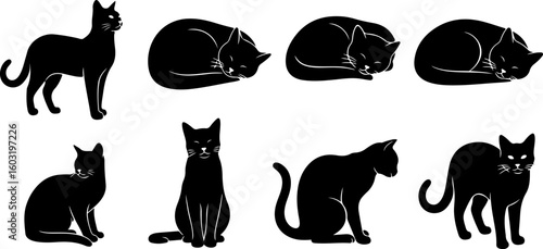 Vector art of collection of black cat silhouettes in various poses