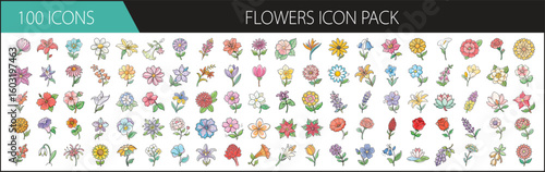 Hand-Drawn Flower Icon Pack with 100 Colorful Designs - A beautiful set of 100 flower icons in vibrant cartoon style, featuring various blossoms and floral arrangements for design and decor use.
