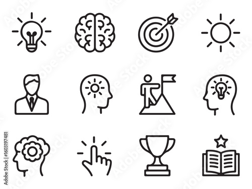 Collection of twelve black outline icons representing business and success concepts