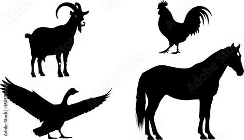 Vector art of farm animal silhouettes goat rooster horse and goose