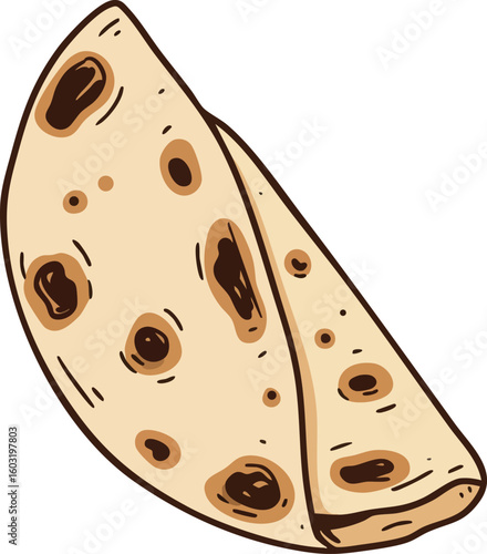 Folded flatbread with toasted spots detailed hand drawn vector illustration