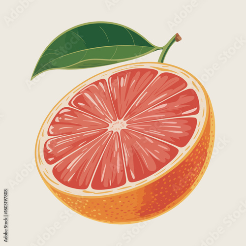 Vibrant half grapefruit with green leaf illustration