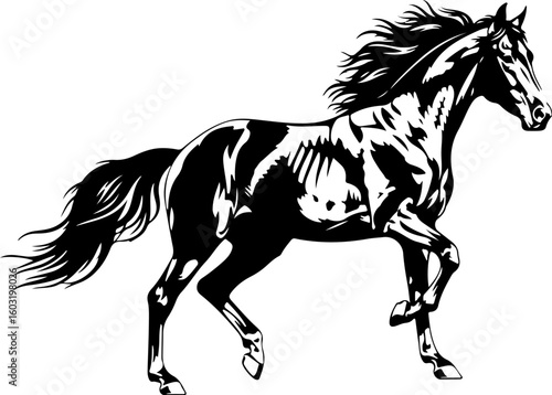 Vector art of black and white silhouette of a horse in motion