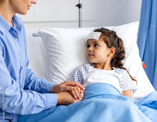Child Patient Lying Down with Fever in Clinic Room