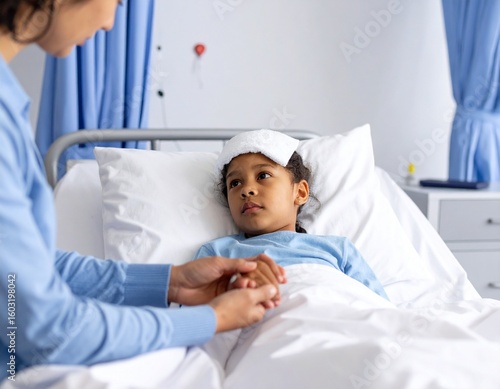 Child Patient Lying Down with Fever in Clinic Room