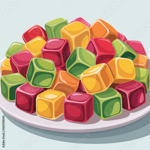 Colorful cube shaped fruit flavored candies on a plate