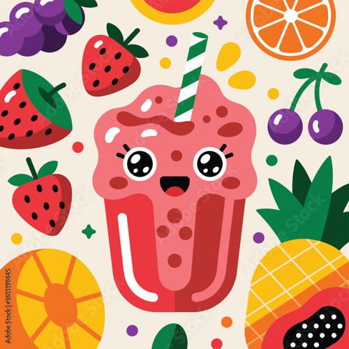 Kawaii fruit smoothie with adorable face and fresh fruit surroundings
