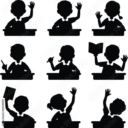 Student Raising Hand Silhouette – Classroom Icon Vector Set Kid Asking Question – Educational Silhouette Illustration Pack