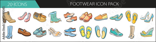 Cartoon Footwear Icon Pack with 20 Shoe Designs - A colorful set of 20 hand-drawn footwear icons, including boots, heels, sneakers, sandals, and flats for fashion and retail projects.