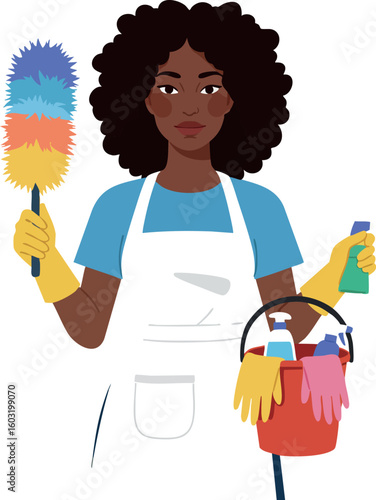 Woman holding colorful duster and cleaning supplies in apron and gloves vector illustration