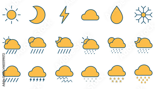 Collection of flat weather icons representing different atmospheric conditions