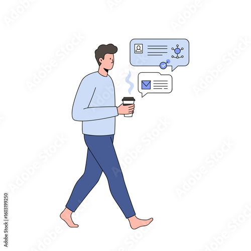 Man walking barefoot while holding coffee and texting on smartphone  