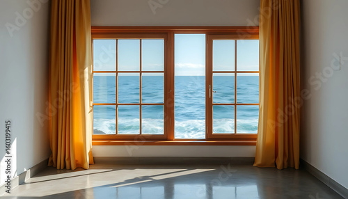 A window without curtains frames the motionless ocean, its edge mirrored in the polished concrete floor below.
