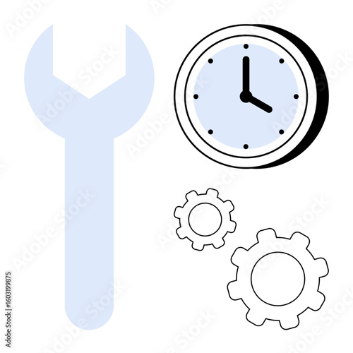 Wrench, clock displaying time, and interlocking gears signify maintenance, productivity, punctuality, and improvement. Ideal for repair services, time optimization, workflow process management