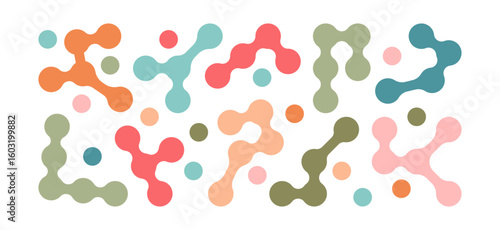 Organic metaball icon, connect pattern, circle shape dot, color morph fluid, dna molecular. Collagen molecule set, network technology, circular texture, minimal geometric concept. Vector illustration