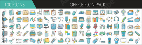 Cartoon Office Icon Pack with 100 Essentials - A set of 100 colorful office-themed icons in cartoon style, including supplies, furniture, tech, and work tools for business design.