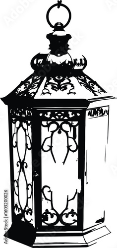 Black-and-White Vector Illustration of Ornamental Lantern – 1-Item Vintage Decor Silhouette