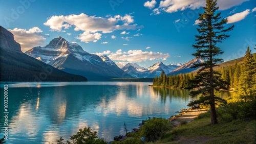 Majestic canadian rockies mountain lake with pine trees and reflection