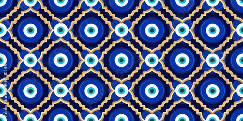 Evil eye golden pattern. Seamless Turkish background with magic blue beads. Greek nazar vector wallpaper. Protection amulet - symbol of luck and energy. Ornament with spiritual talisman