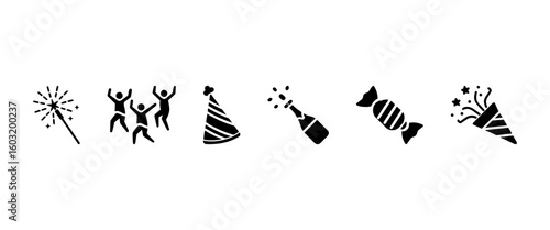 Celebration icons. Festive icon set showing a party hat, confetti popper, wrapped candy, and champagne bottle with sparkles. Represents celebration and fun.