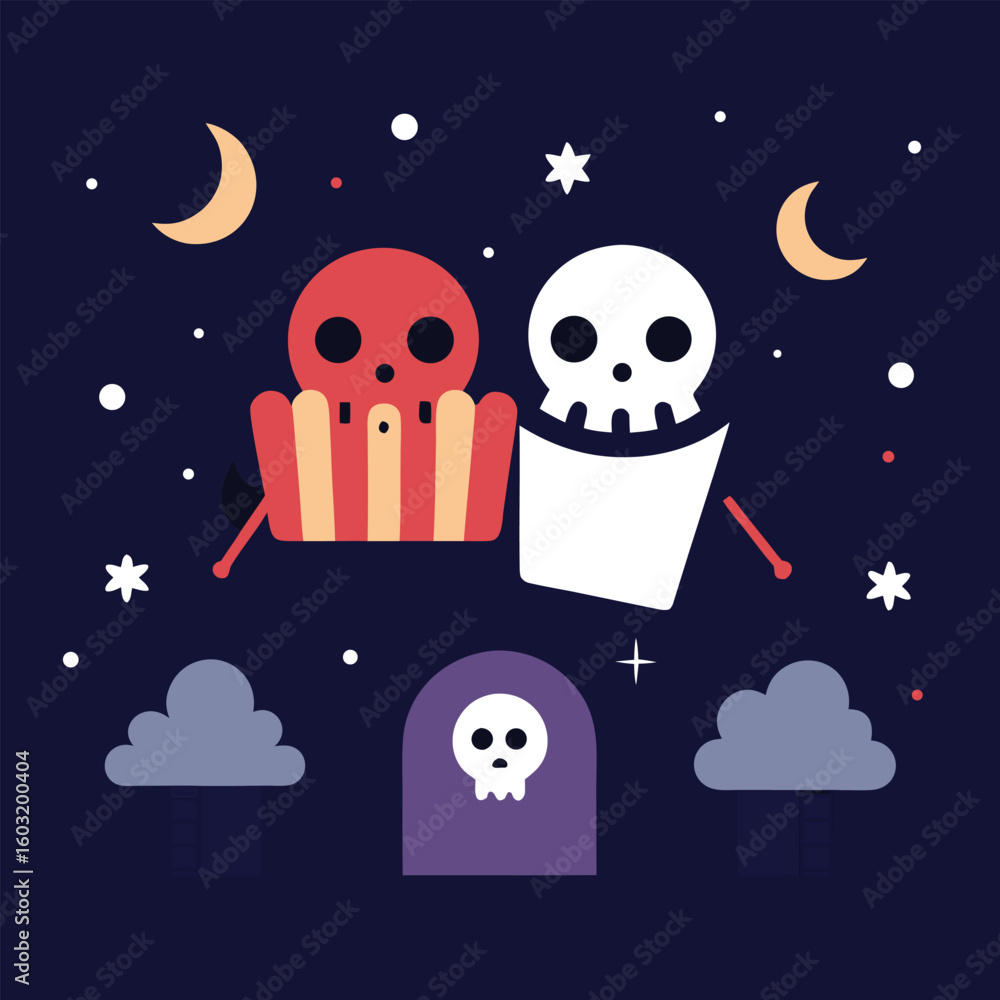 Naklejka premium Vector art of cute cartoon skeletons celebrating halloween under a starry night