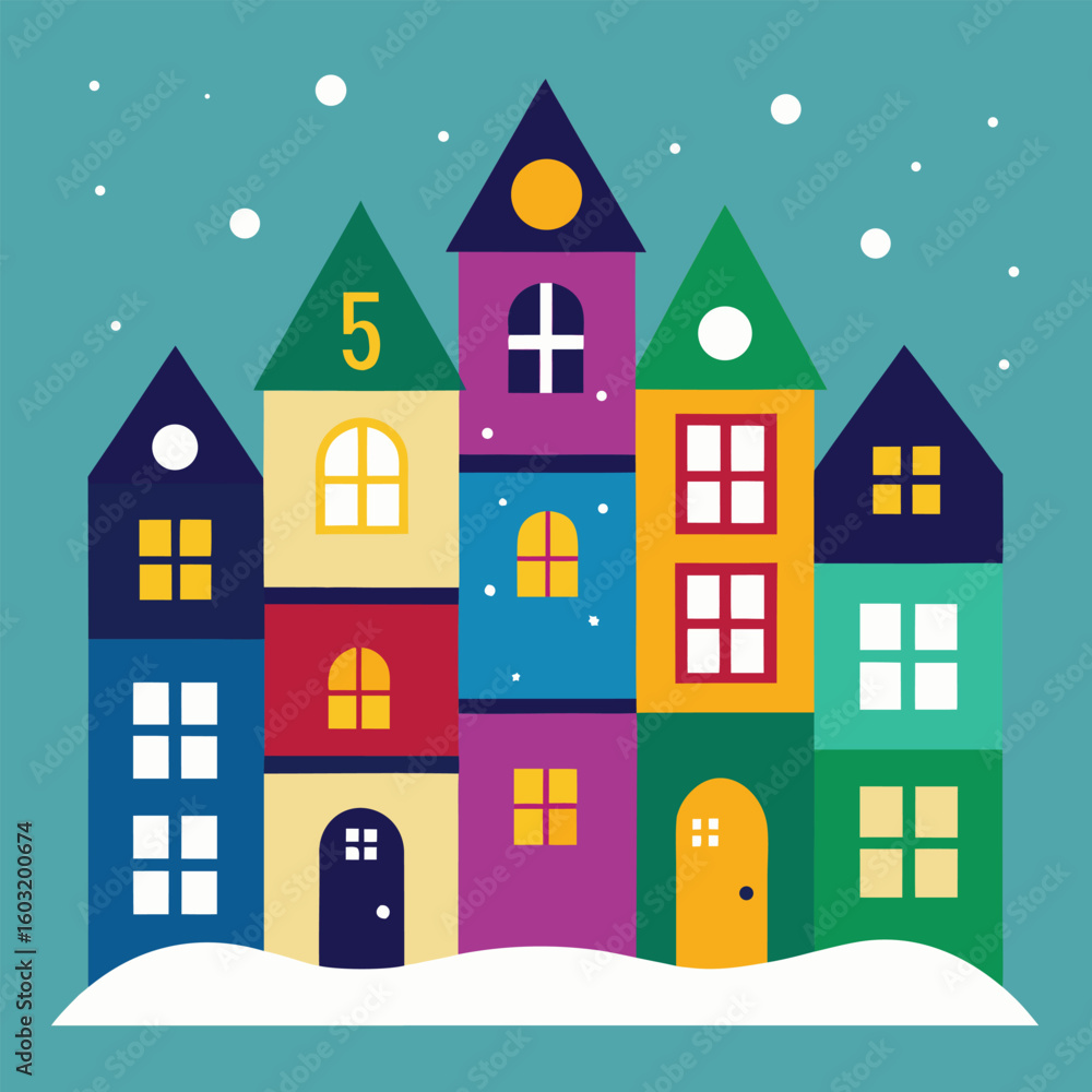 Fototapeta premium Vector art of colorful row of houses in a snowy village for christmas