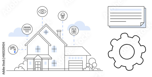 Residential house with IoT devices for water, light, security, and energy control. Ideal for technology, innovation, environment, home improvement, convenience energy efficiency sustainability