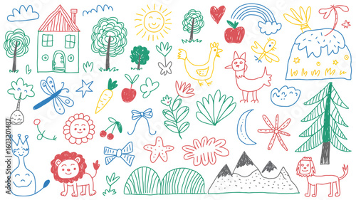 Cute Linear Style Elements – Sun, Heart, Frog, Turtle, Strawberry, Flower, Crown and Star for Kids Art and Graphic Design