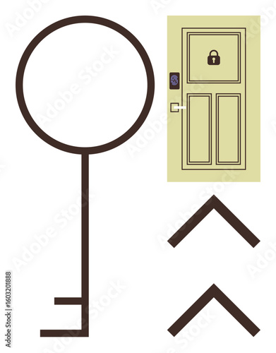 Oversized key, locked door with smart security panel, and directional arrows. Ideal for access, security, technology, progress, solutions, data protection and simple flat metaphor