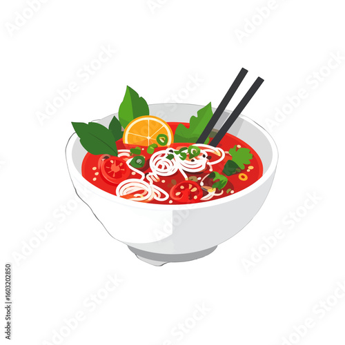 Red Asian Noodle Soup In White Bowl