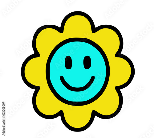 Cheerful cartoon flower with a smiling face, bright yellow and teal colors.
