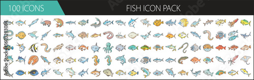 Colorful Cartoon Fish Icon Pack Collection - Set of 100 hand-drawn cartoon fish icons in various shapes, colors, and species, perfect for aquatic-themed designs and illustrations.