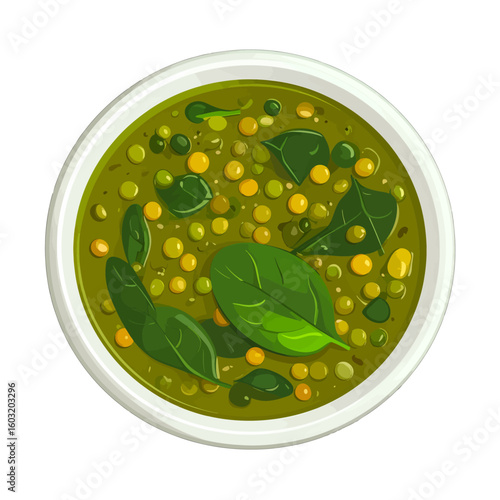 Top View Of Green Pea And Spinach Soup In White Bowl