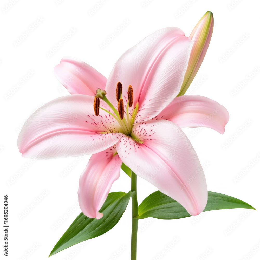 Fototapeta premium Elegant pink lily flower in bloom against a solid white background studio shot