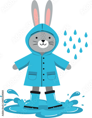 Cute bunny wearing blue raincoat and boots splashing in puddle on rainy day vector illustration