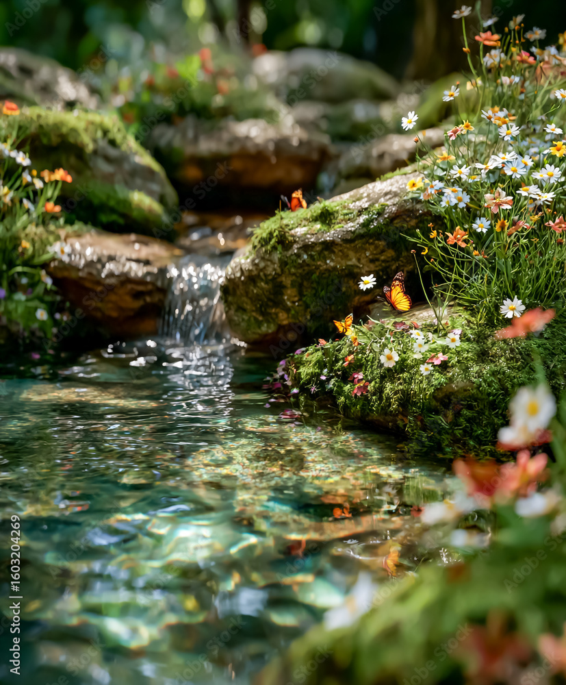 Fototapeta premium Garden Waterfall Flowing into Mossy Pool with Flowers