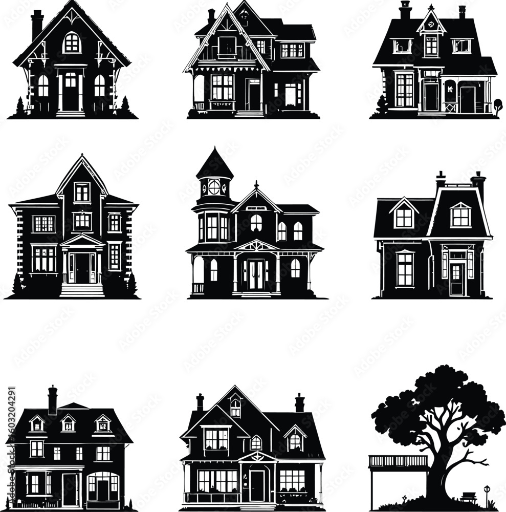 Fototapeta premium Black-and-White Vector Illustration of House Styles Grid – 9-Item Architectural Silhouette Set