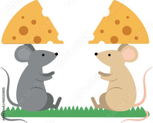 Two cartoon mice sitting on grass with cheese slices vector illustration