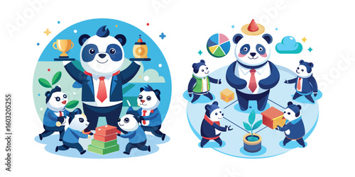 Team-Building Business Panda Vector – Fun Office Character Design for Corporate Events, Leadership Concepts, Workplace Culture, Teamwork Posters, Presentations, and Branding Materials