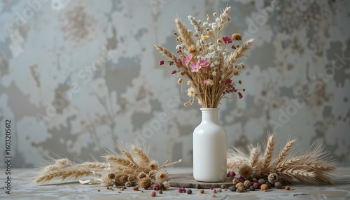 White Bottle with Dried Flowers and Wheat Decor