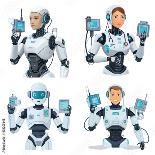 Four futuristic robots using advanced medical equipment in healthcare  