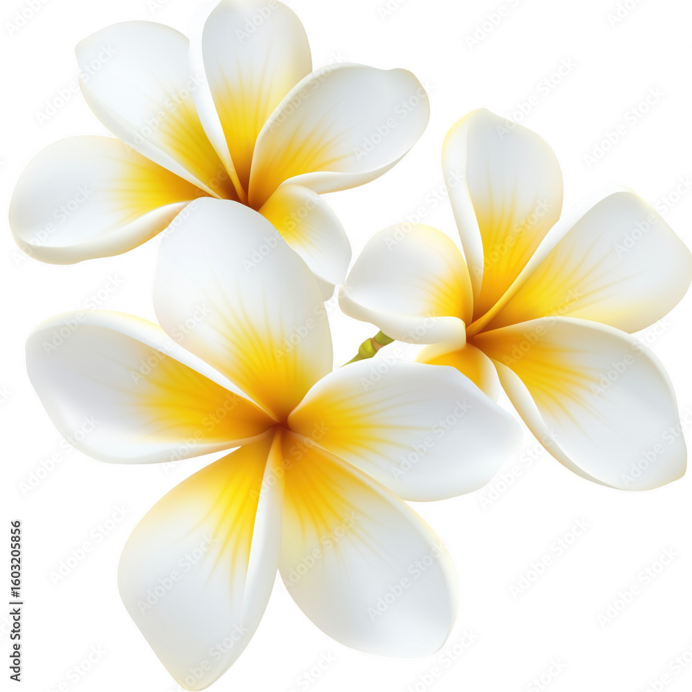 Fototapeta premium Exquisite arrangement of three plumeria flowers against a deep white background