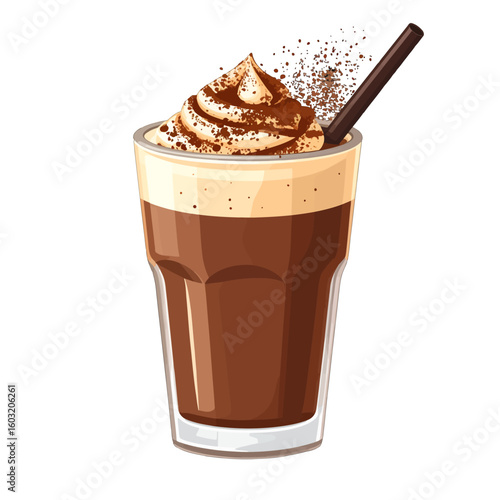 Iced Mocha Coffee Drink In Glass With Whipped Cream And Chocolate