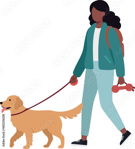 Woman walking golden retriever dog with leash and bone toy vector illustration