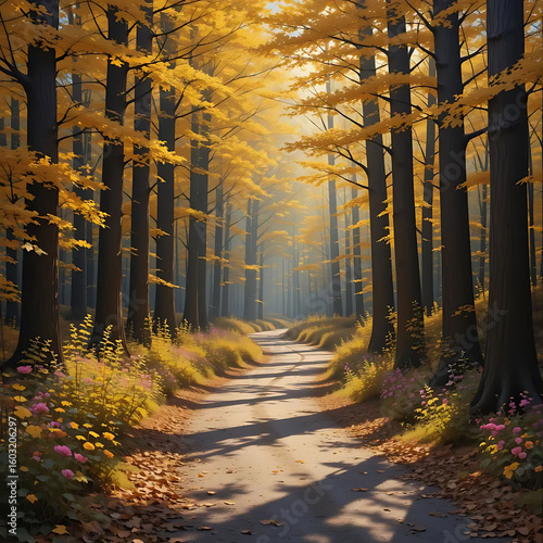 Sunlight streams through golden autumn forest path