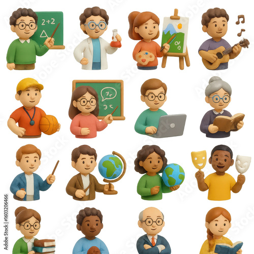 Education 3d icon set. featuring teacher, student, book, globe, laptop, art, science, music, math, sports, drama.