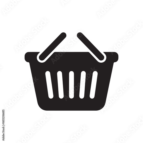A simple black and white graphic icon depicting a stylized shopping basket or cart  symbolizing retail  e-commerce  and consumer purchasing