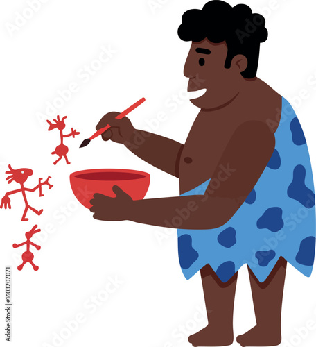 Caveman painting red figures on bowl prehistoric art primitive culture vector illustration